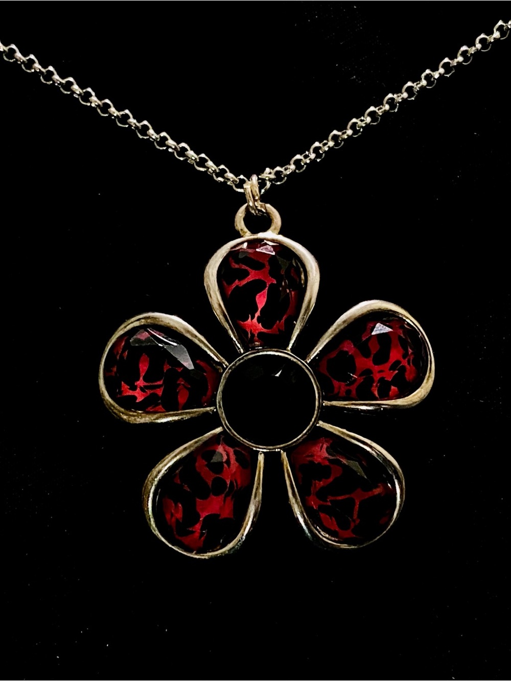 Red & Black Enamel Floral Petal + Stainless Steel Pendant Necklace